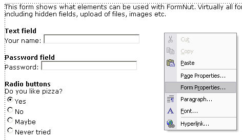 Open Form properties menu